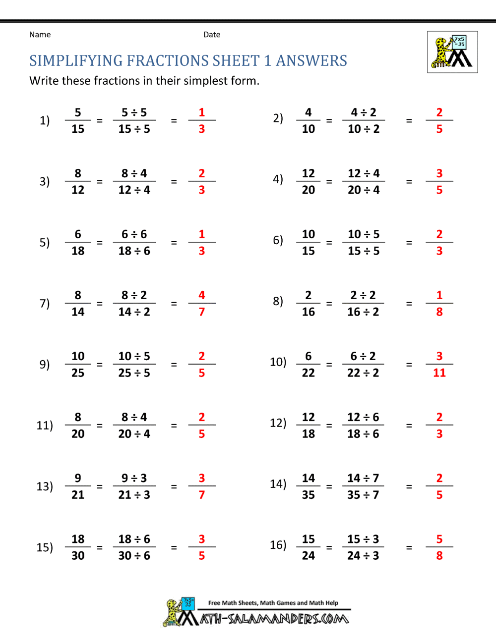 ratio in simplest form worksheet
 Simplifying Fractions Worksheet