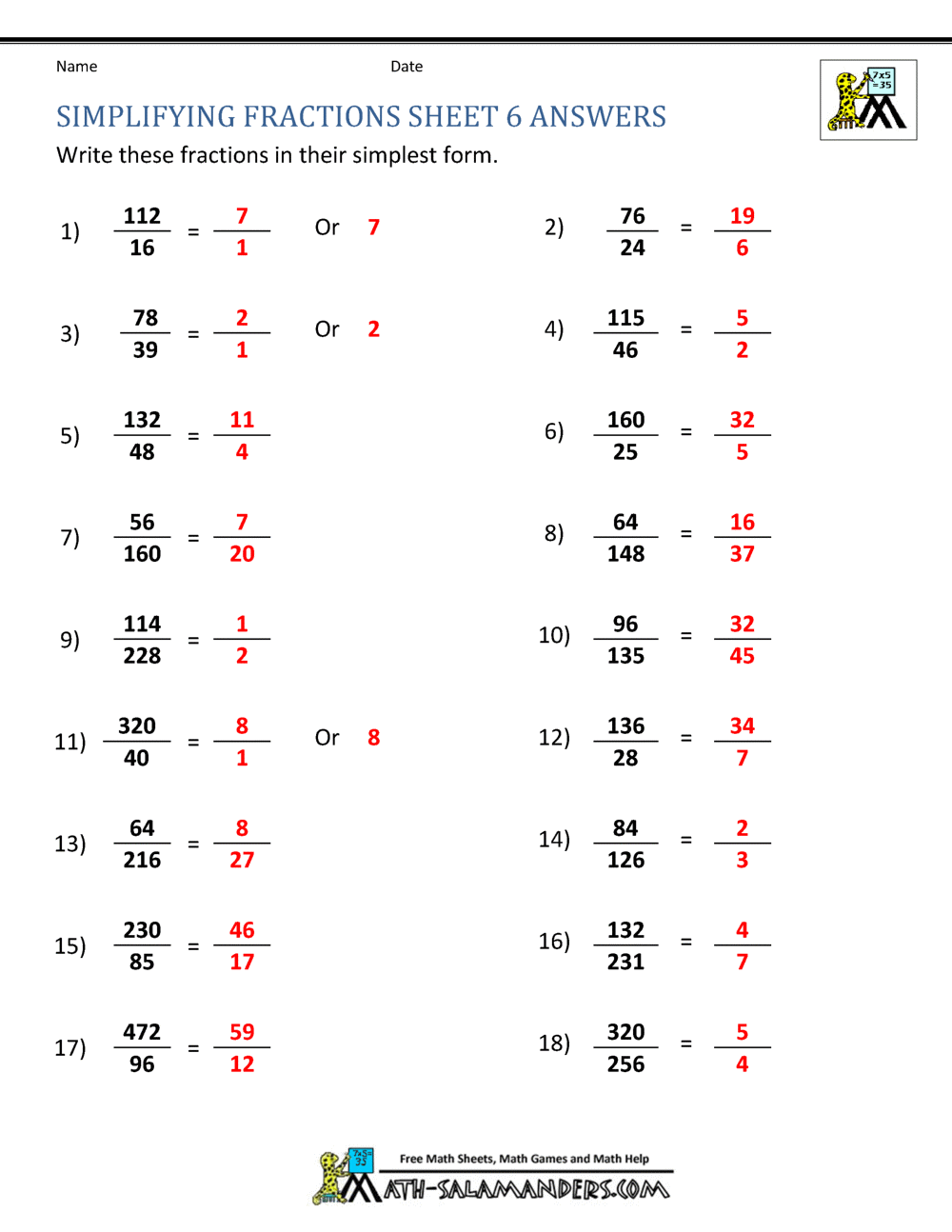 Simplifying Fractions Worksheet Throughout Reducing Fractions Worksheet Pdf