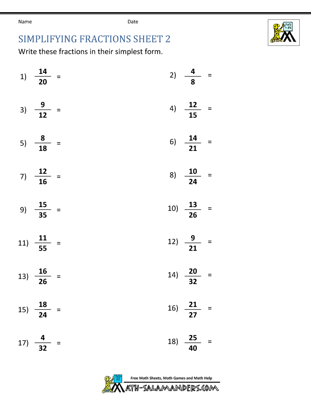 Simplifying Fractions Worksheet With Reducing Fractions Worksheet Pdf