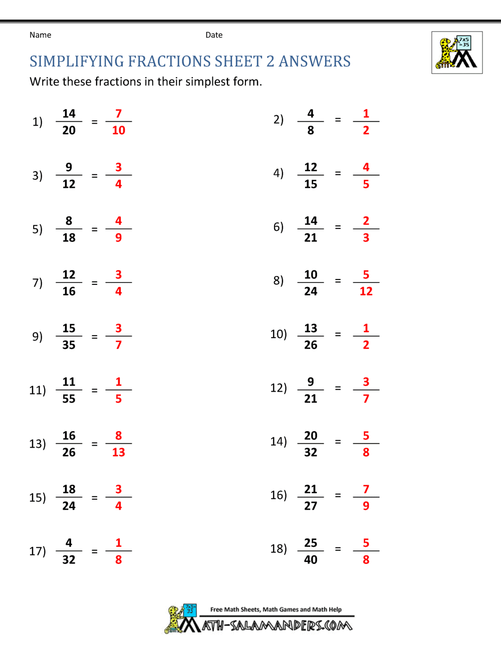 simplest form of fractions
 Simplifying Fractions Worksheet