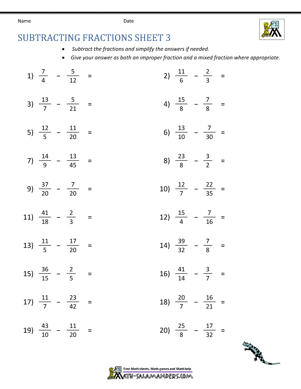 subtracting fractions worksheets