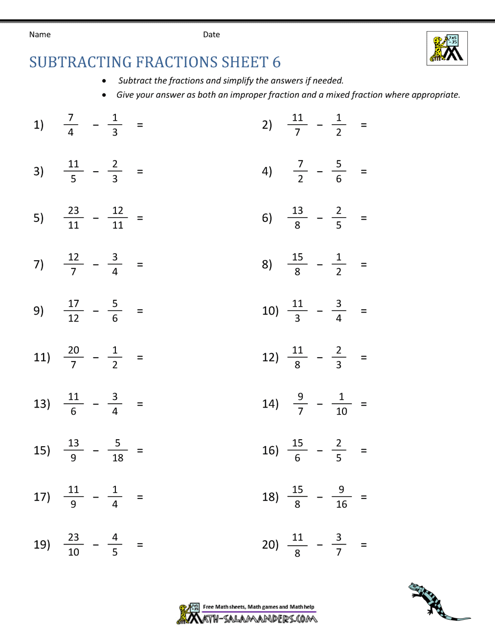 Subtracting Fractions Worksheets Within Subtracting Mixed Numbers Worksheet