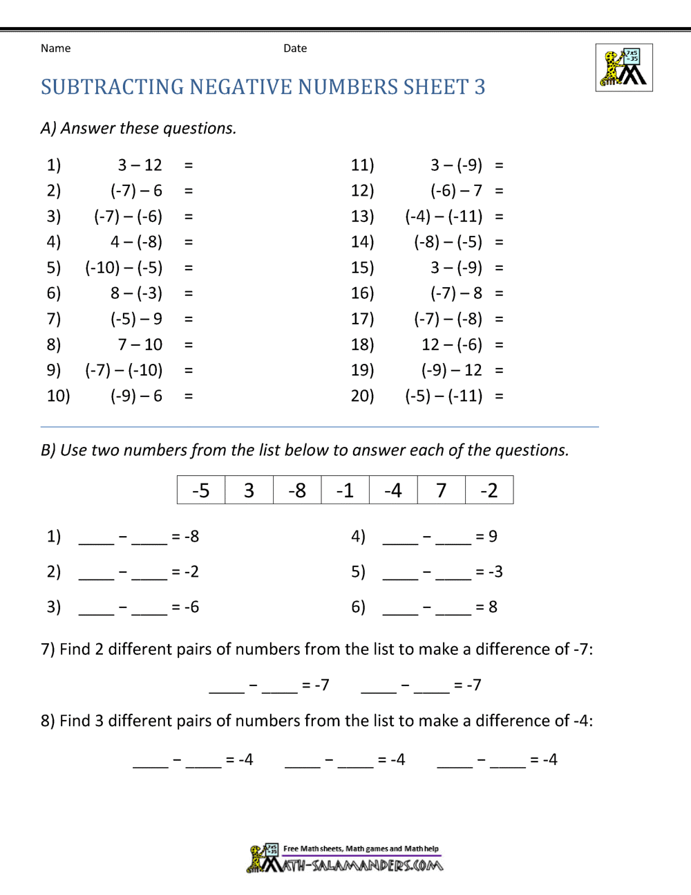Subtracting Positive and Negative Numbers For Subtracting Integers Worksheet Pdf