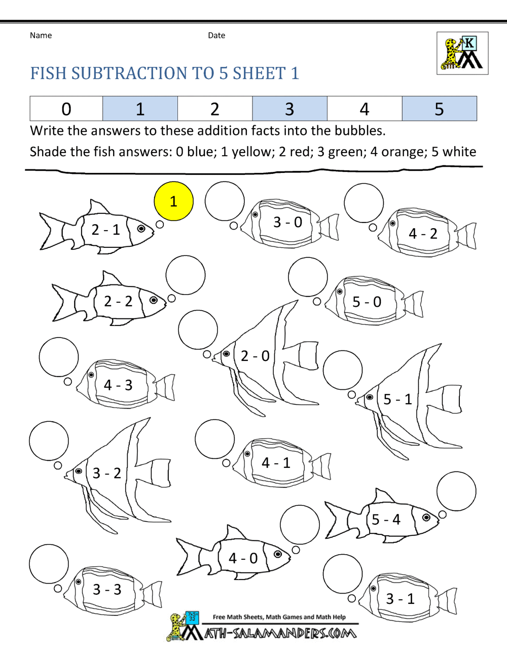 Addition Subtraction to 5 Worksheets for Kindergarten