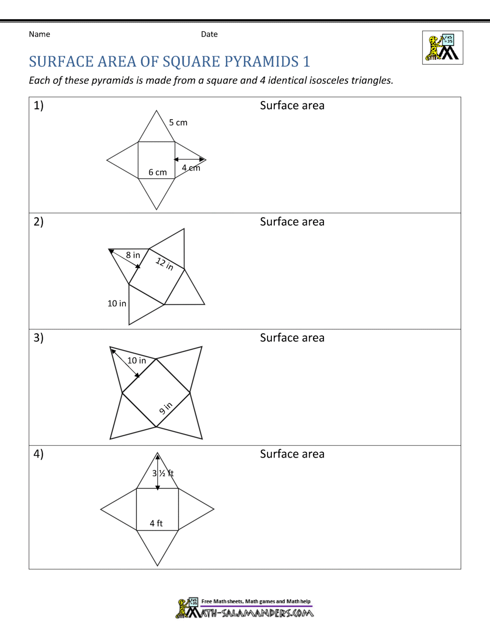 Surface Area Worksheet 20th Grade Intended For Surface Area Of Pyramid Worksheet