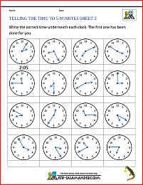telling time clock to 5 mins sheets image