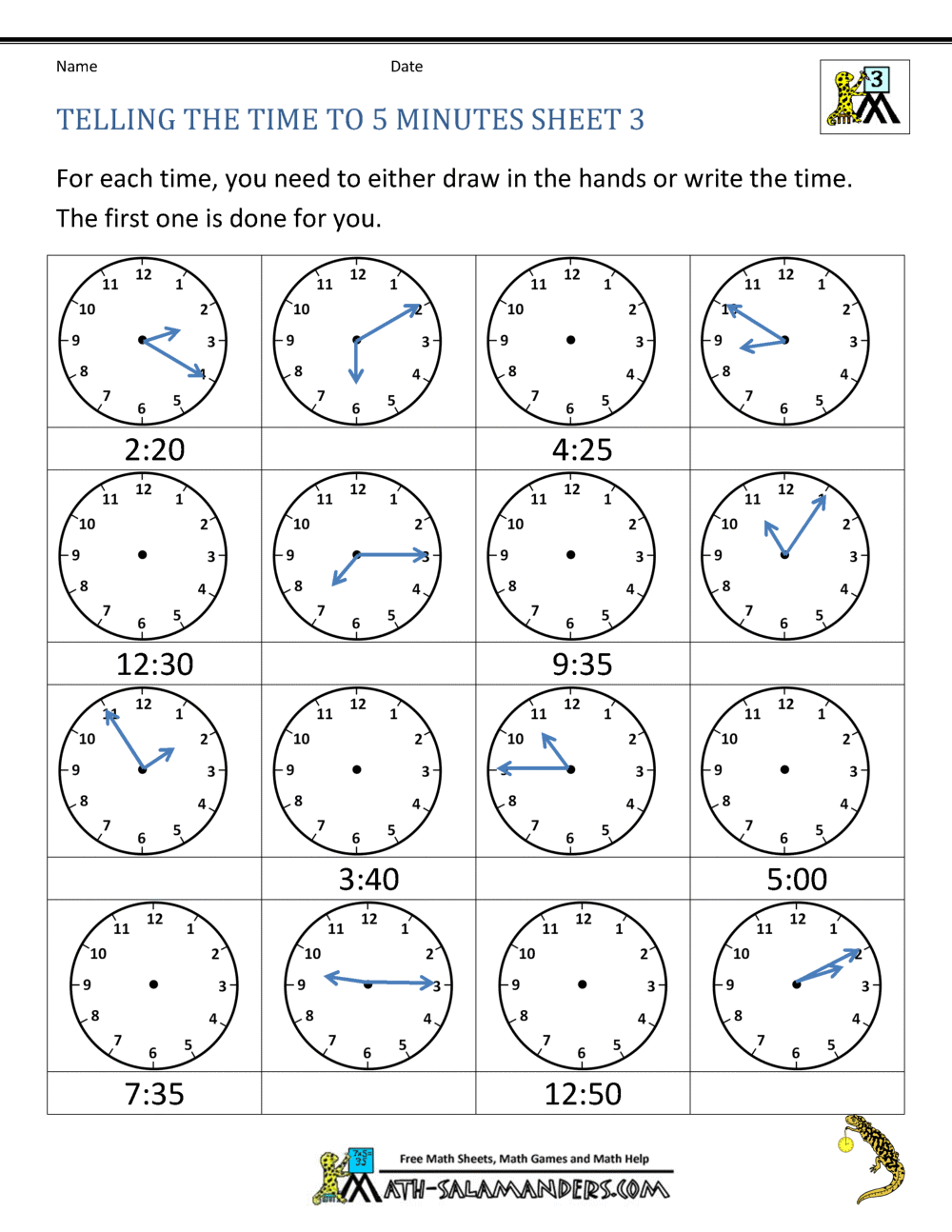 Telling Time To 5 Minutes Worksheets