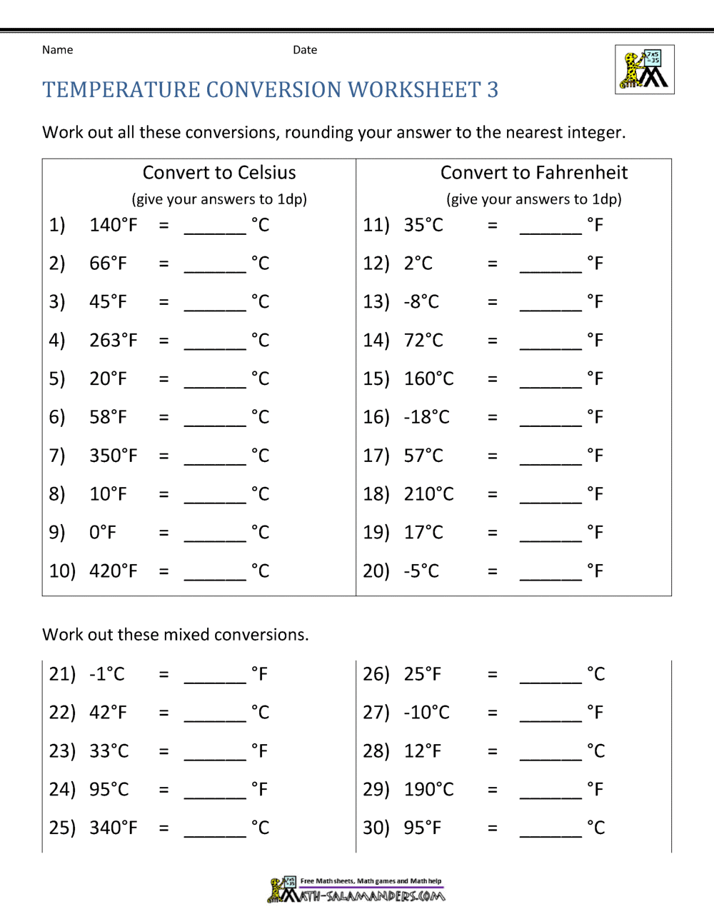 Temperature Conversion Worksheet For Unit Conversion Worksheet Answers