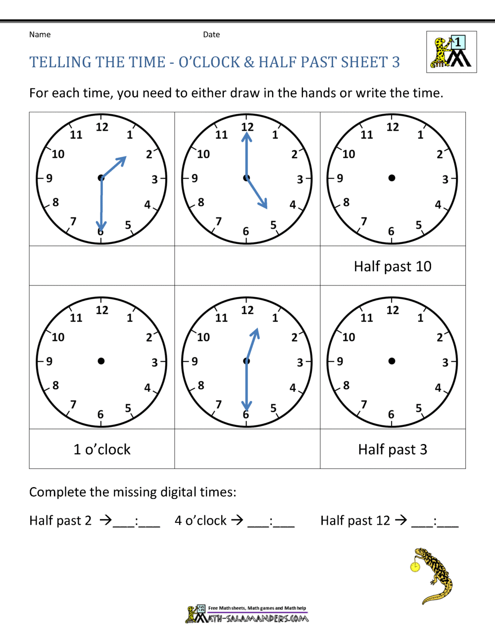 time worksheet telling the time oclock half past 3