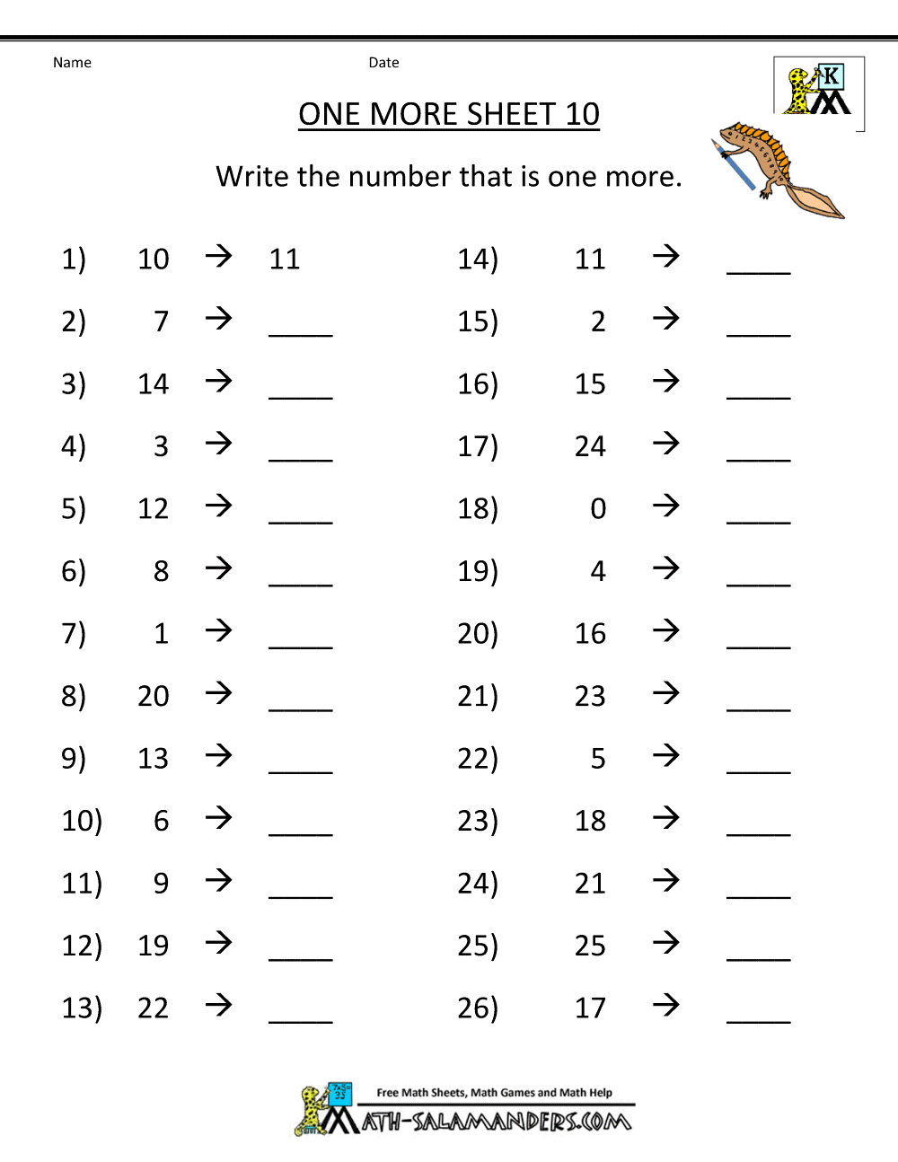 worksheets for kindergarten math one more 10 - Kindergarten Math Problems