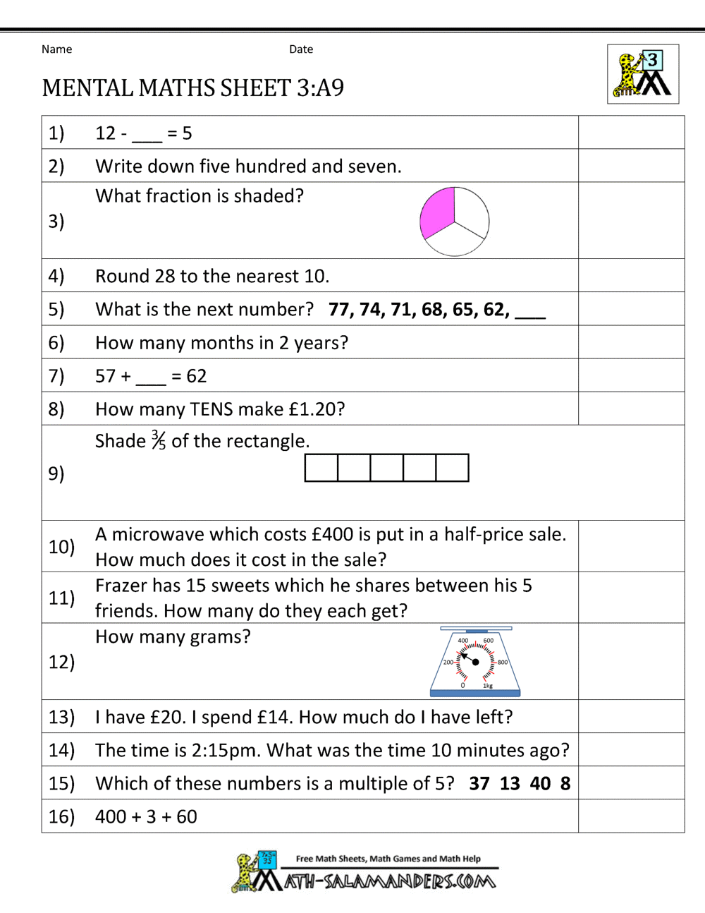 maths worksheets for year three